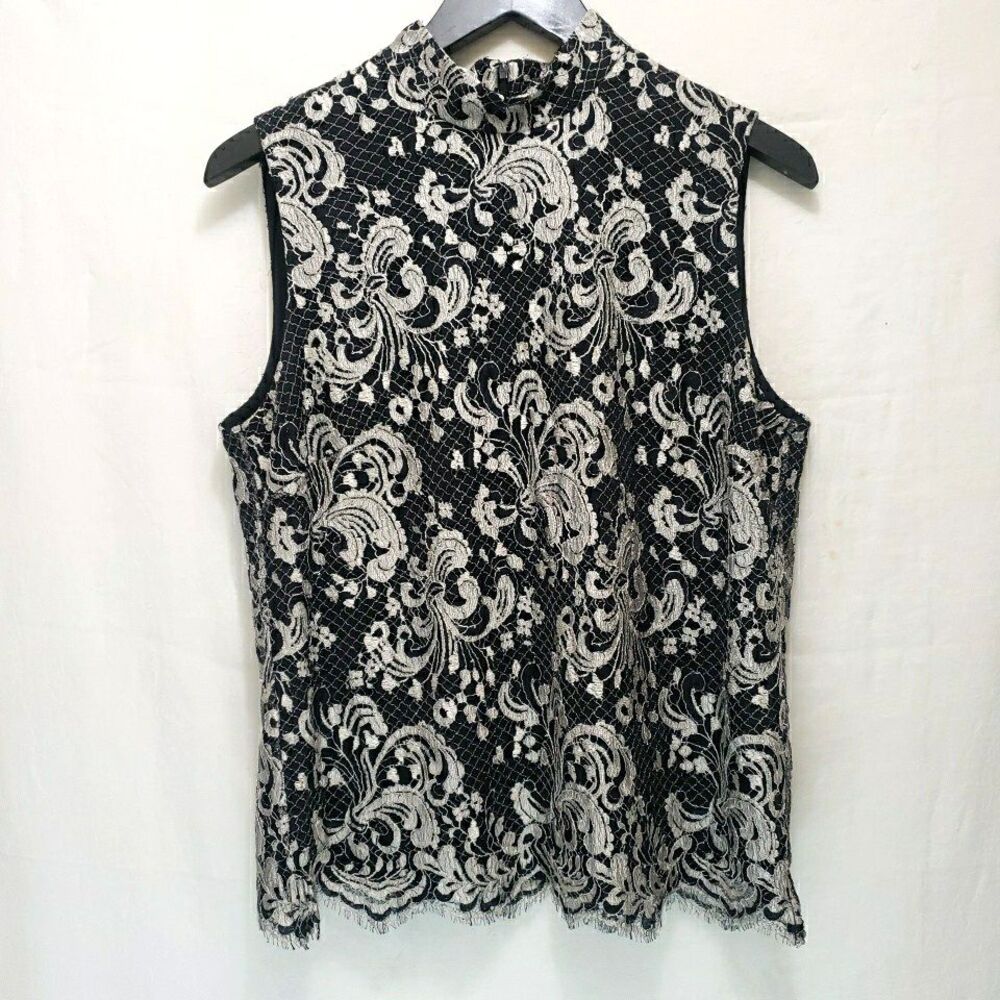 Talbots Black Beige Lace Sleeveless Top Sz 14 Mock Neck Overlay Lined Cocktail